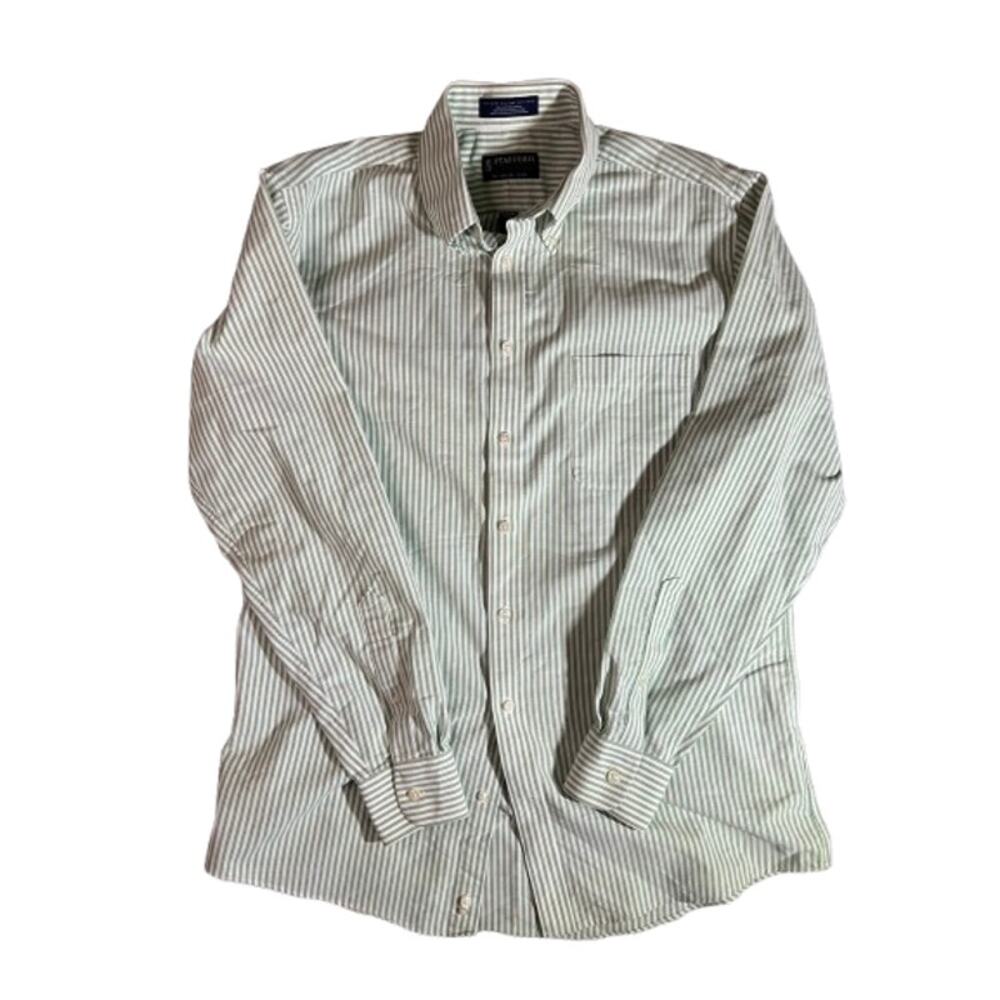 Stafford green white striped long-sleeve oxford dress mens shirt 34-35
